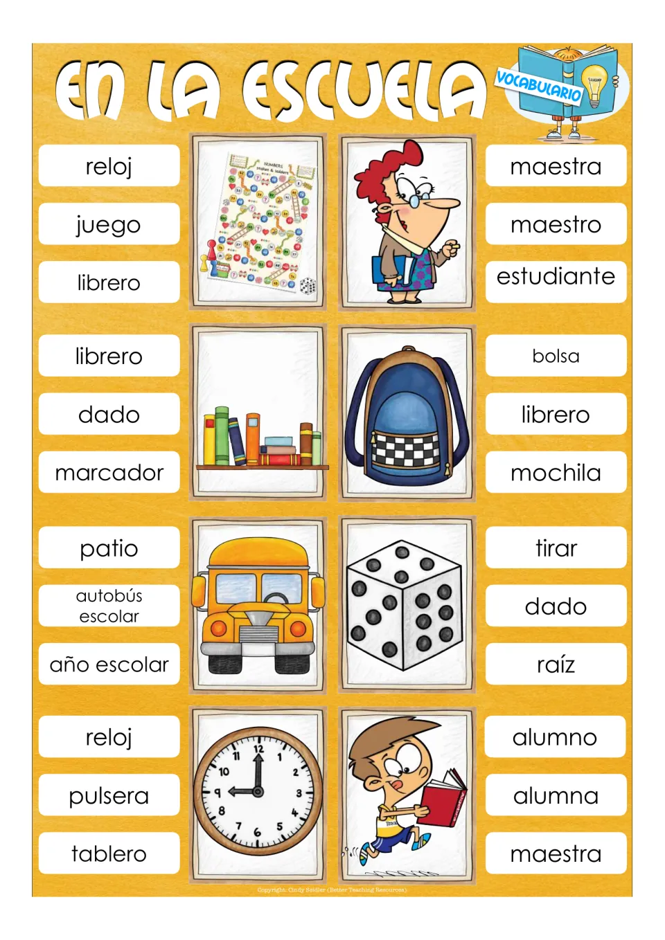 School people and objects: students clip the Spanish word for game, teacher, bookshelf, backpack, school bus, die and clock