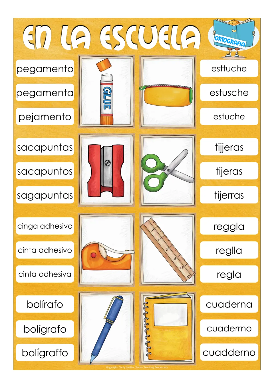 Spanish spelling practice: students clip the correct spelling, such as pegamento, estuche, tijeras, regla or bolígrafo
