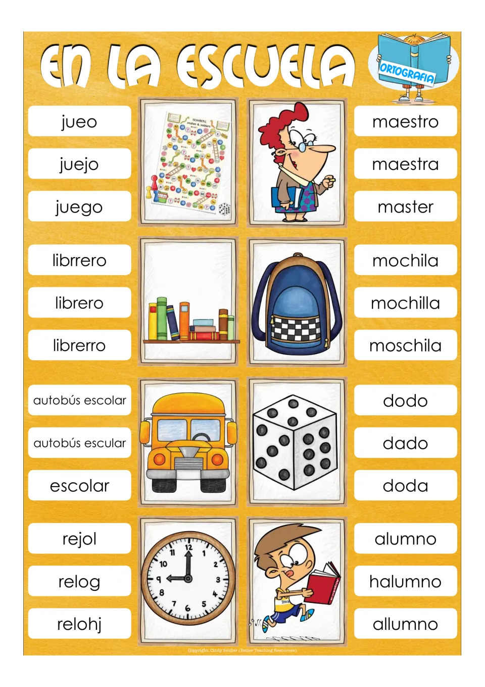 Spelling clip cards: students pick the right form of juego, librero, mochila, autobús escolar, dado and alumno