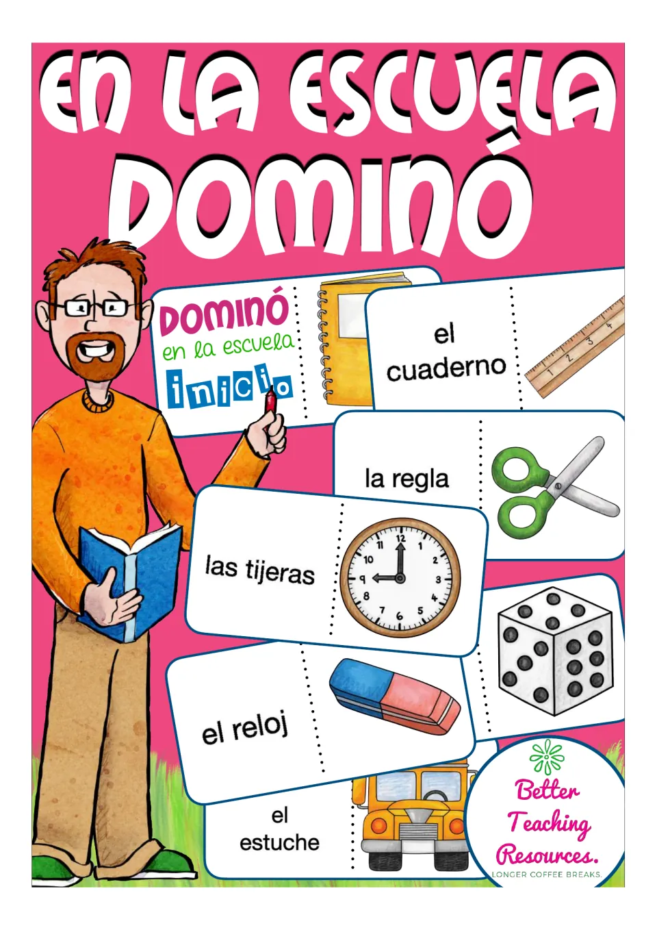 En la escuela Dominó cover: Spanish school-supply domino cards such as el cuaderno, la regla and las tijeras