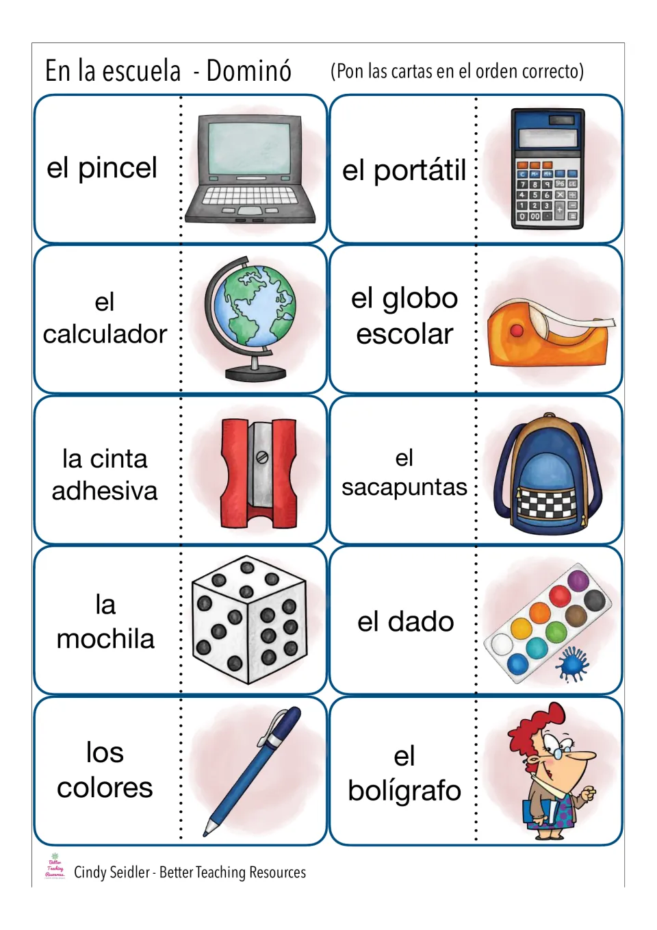 Domino cards continue: students link el pincel, el portátil, la mochila and el bolígrafo to matching school pictures