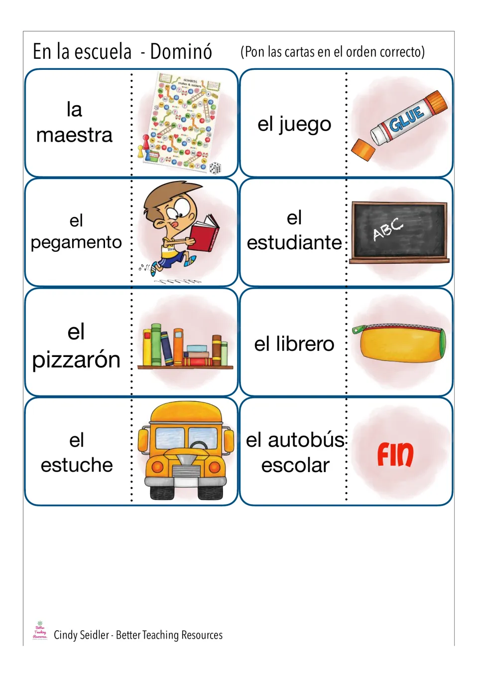 Final domino cards: students match la maestra, el pizarrón and el autobús escolar to pictures, ending on the Fin card