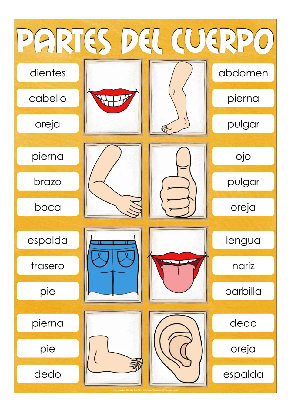 Body vocabulary in Spanish: students pick 1 of 3 words per picture card for dientes, pierna, brazo, pulgar and lengua
