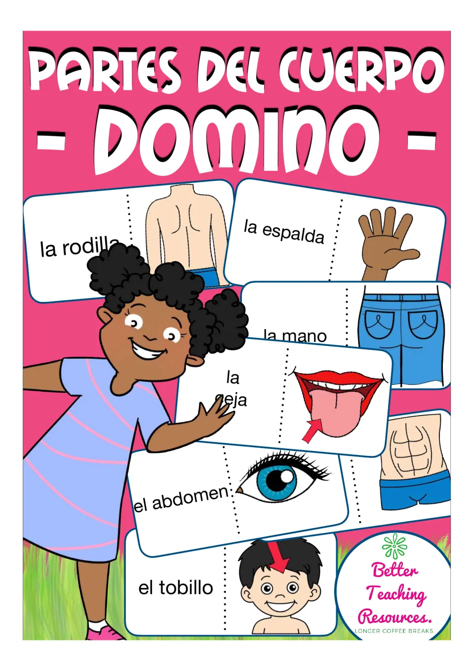 Partes del cuerpo Domino cover: Spanish body-part word cards such as la rodilla and la espalda paired with pictures