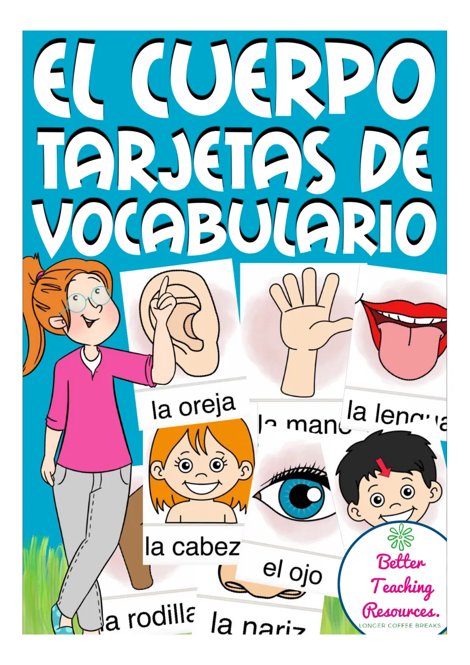 Cover of the Spanish body-parts flashcard set, titled 'El cuerpo tarjetas de vocabulario,' with sample cards