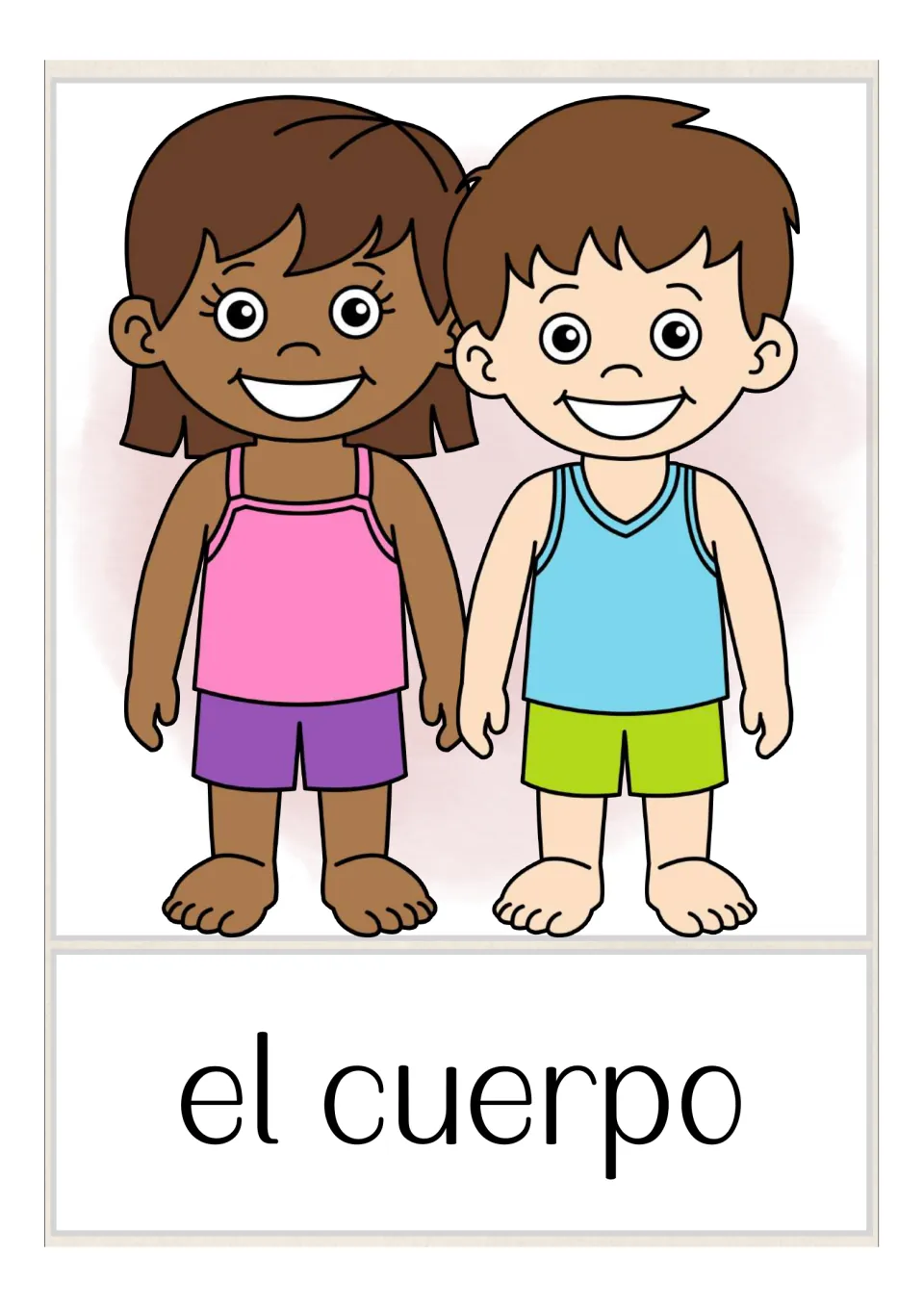 Spanish body-parts vocabulary card labeled 'el cuerpo' (body), illustrated with two children standing