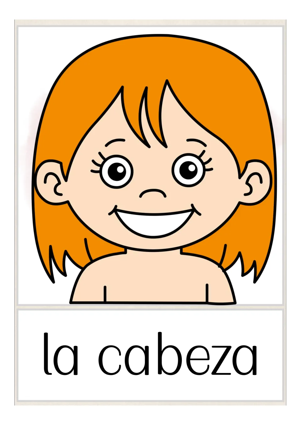 Spanish body-parts vocabulary card labeled 'la cabeza' (head), illustrated with a child's head and shoulders