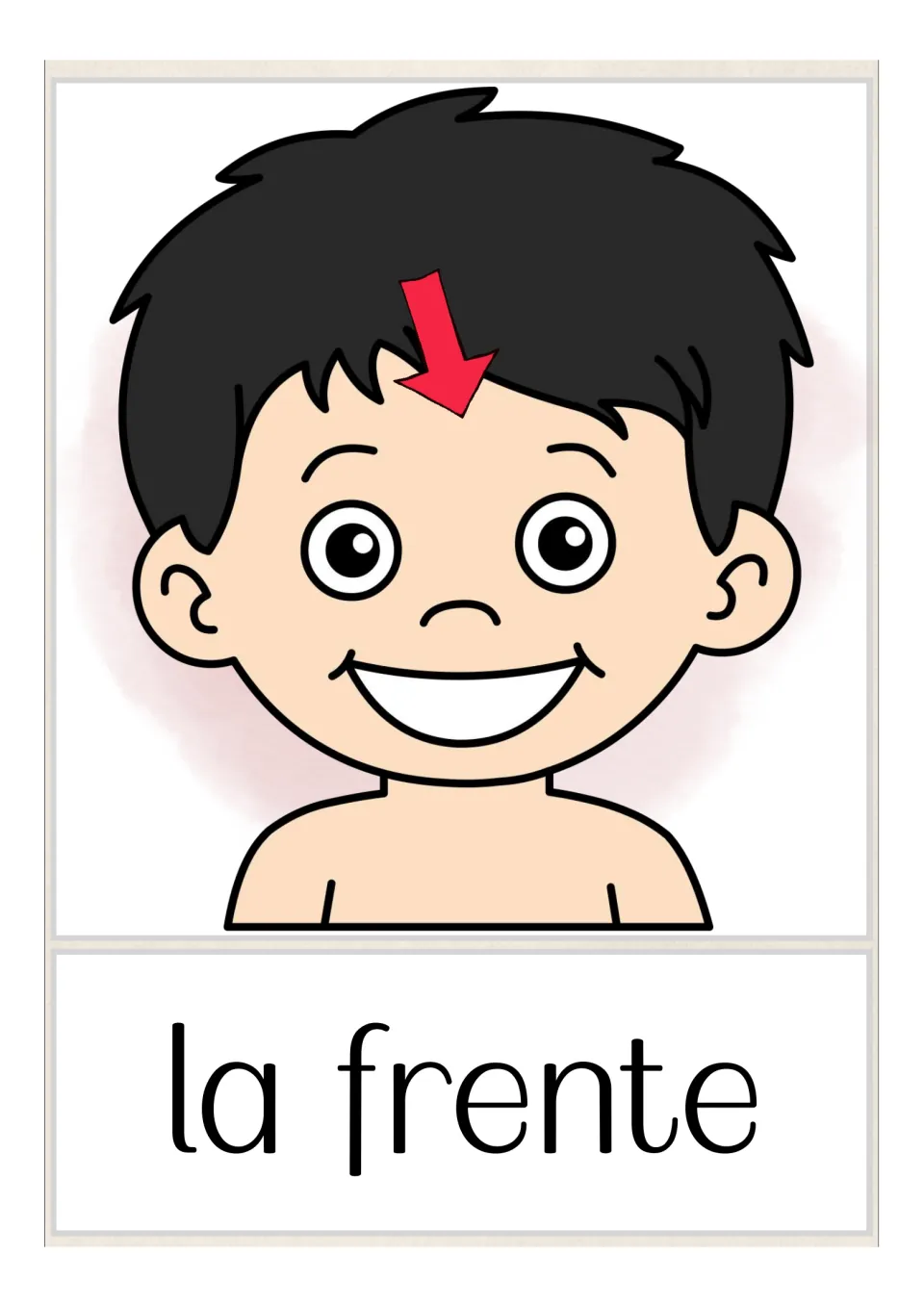 Spanish body-parts vocabulary card labeled 'la frente' (forehead), with an arrow pointing to a child's forehead