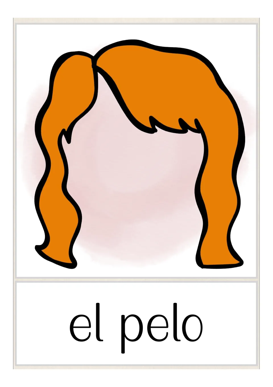 Spanish body-parts vocabulary card labeled 'el pelo' (hair), illustrated with orange hair in pigtails