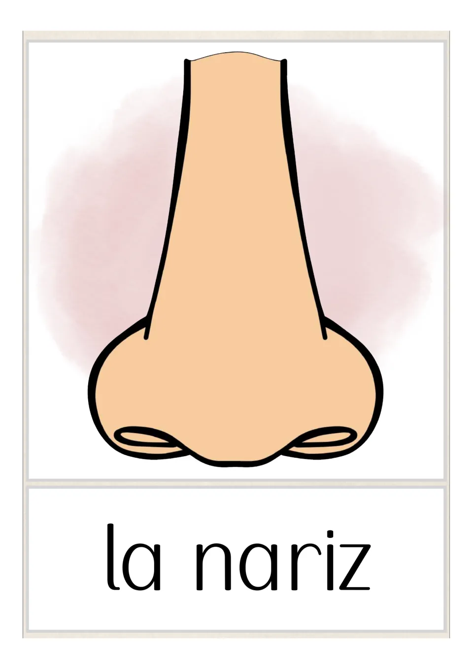 Spanish body-parts vocabulary card labeled 'la nariz' (nose), illustrated with a nose viewed from the front