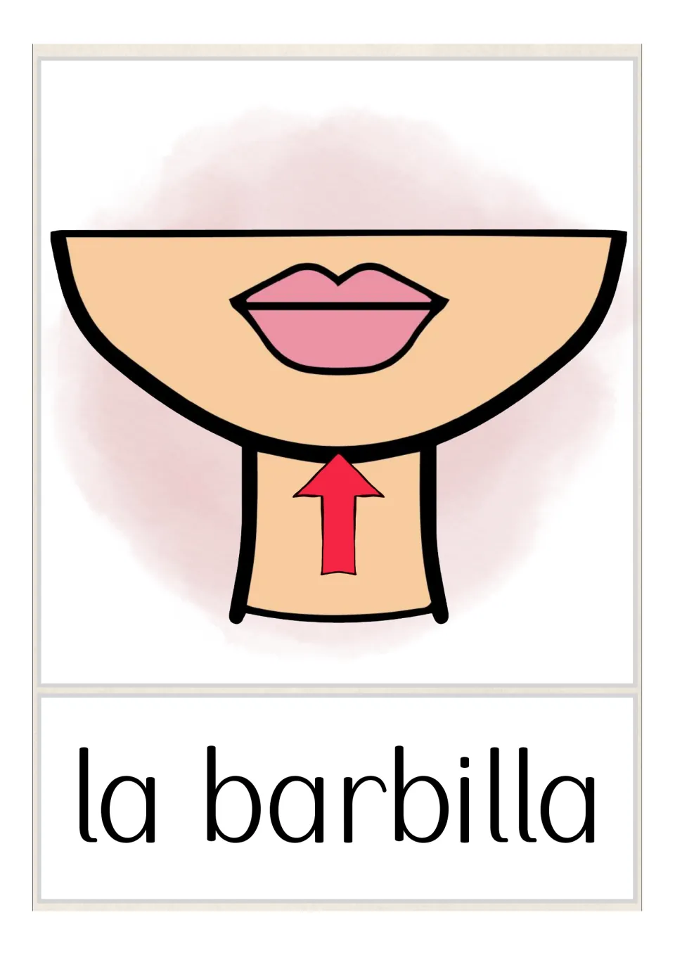 Spanish body-parts vocabulary card labeled 'la barbilla' (chin), with an arrow pointing upward to the chin