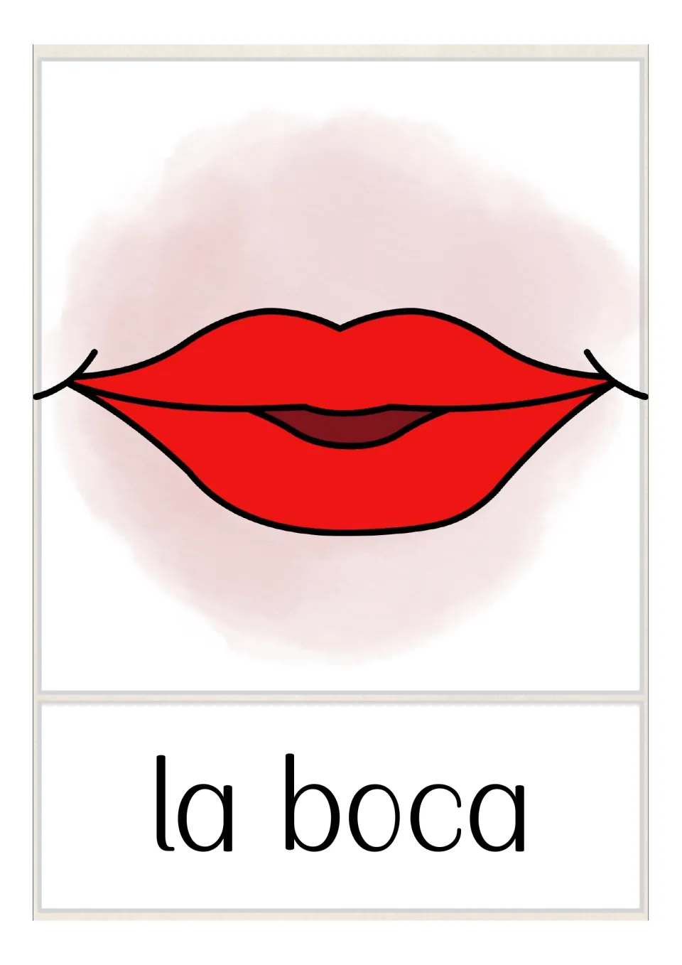 Spanish body-parts vocabulary card labeled 'la boca' (mouth), illustrated with a mouth showing red lips