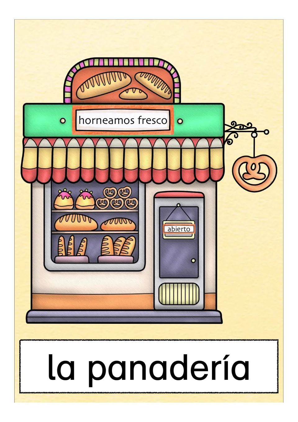 Spanish vocabulary card for la panadería: a bakery with bread in the window, a 'horneamos fresco' sign and an abierto sign