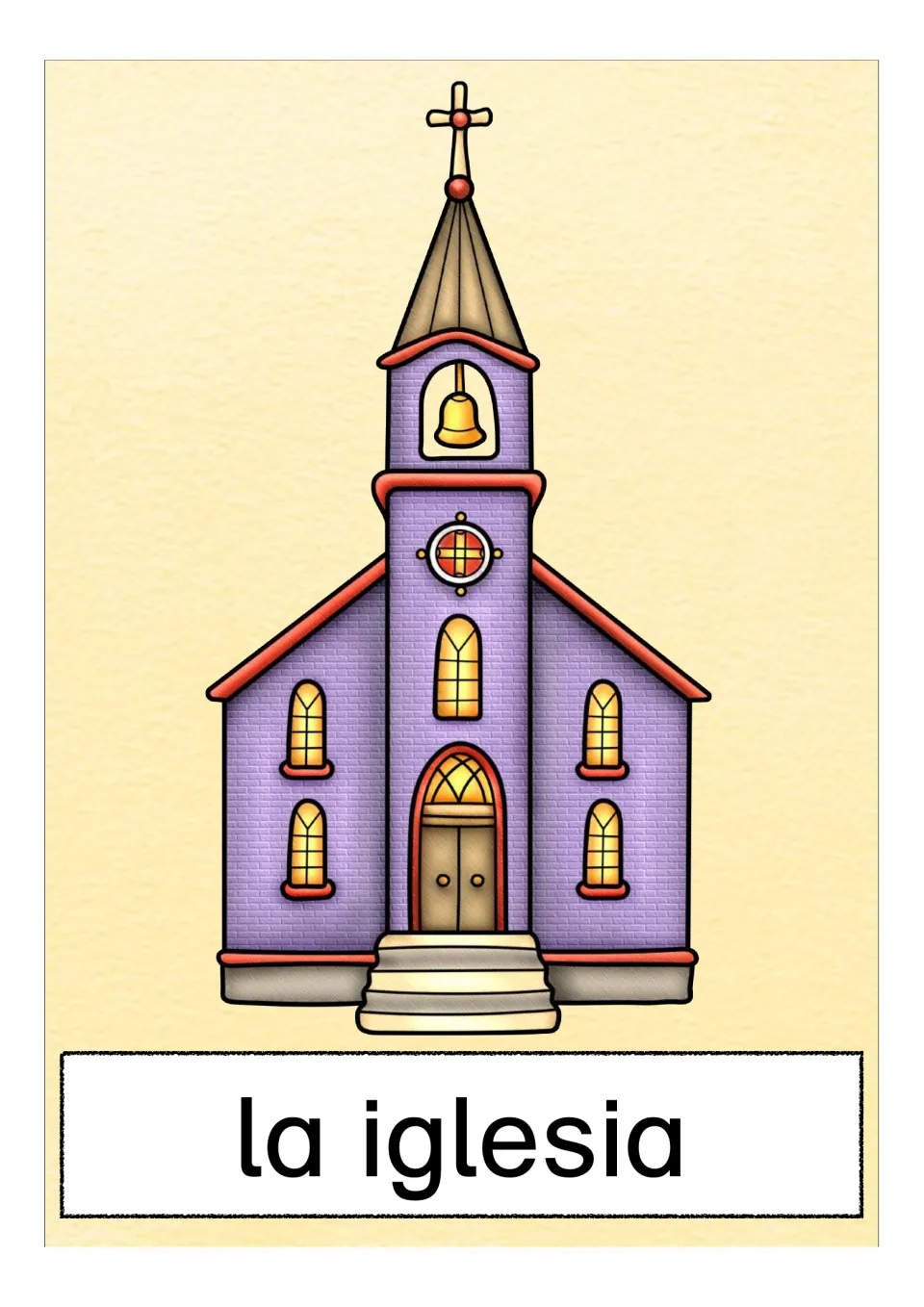 Spanish word card for la iglesia: a purple church with a bell tower, cross and steps up to wooden doors, to name aloud