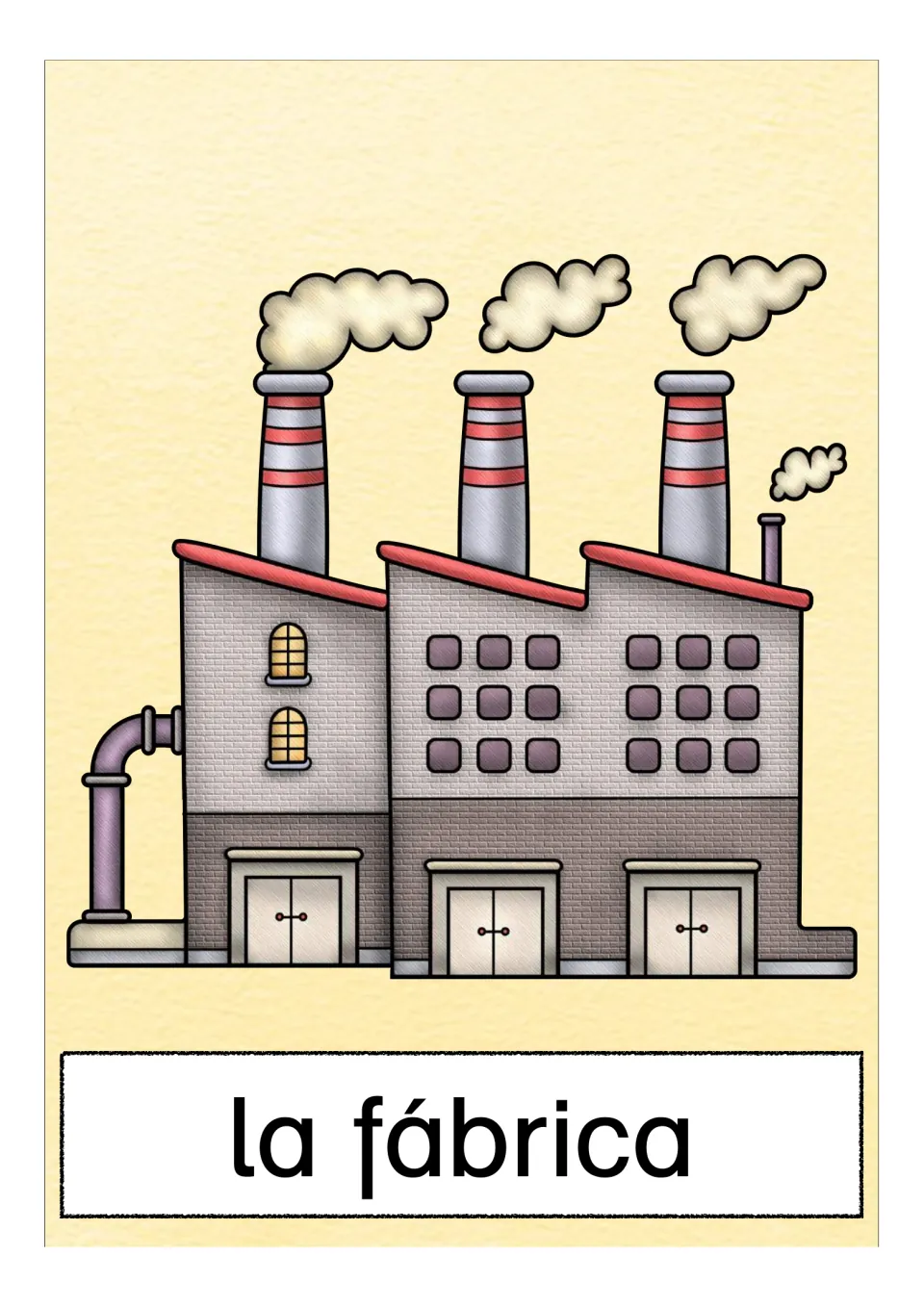 Town vocabulary card for la fábrica: a factory with three smoking chimneys and a pipe, labeled to practise naming buildings