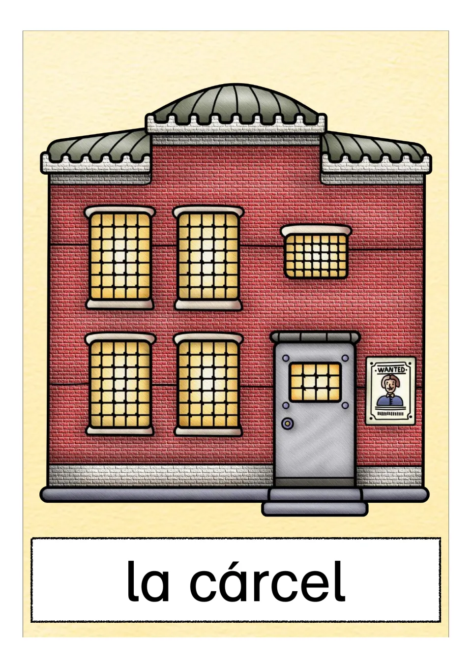 Picture card for la cárcel: a red brick jail with barred windows, a metal door and a wanted poster, for Spanish place words