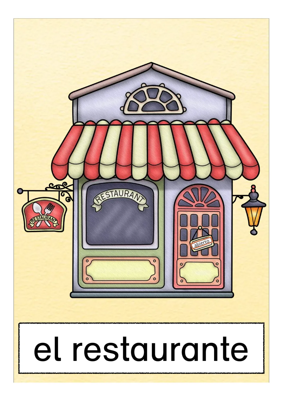 Vocabulary card for el restaurante: a restaurant with a striped awning, fork-and-spoon sign and an abierto sign on the door