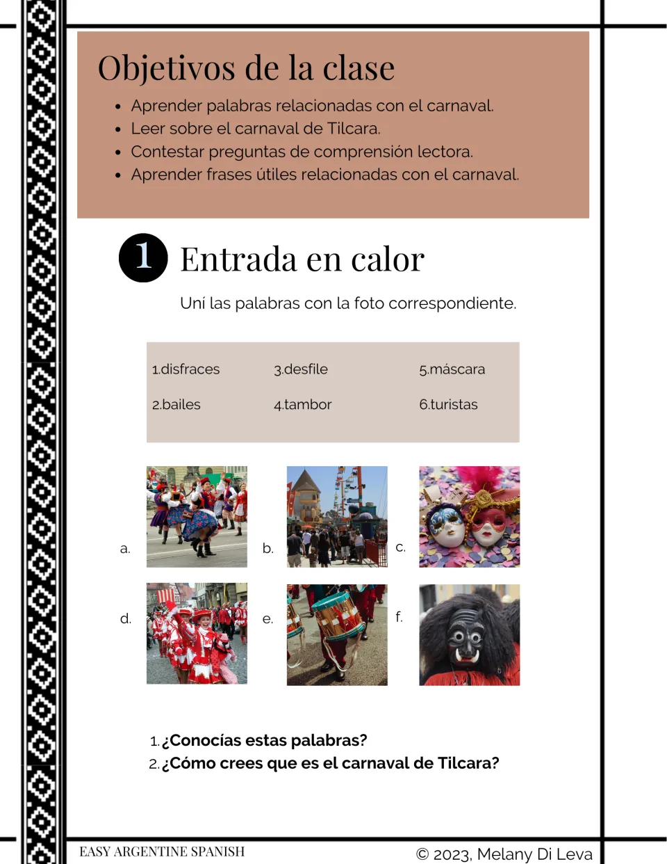 Lesson objectives and warm-up: students match six carnival words like disfraces, tambor and máscara to lettered photos