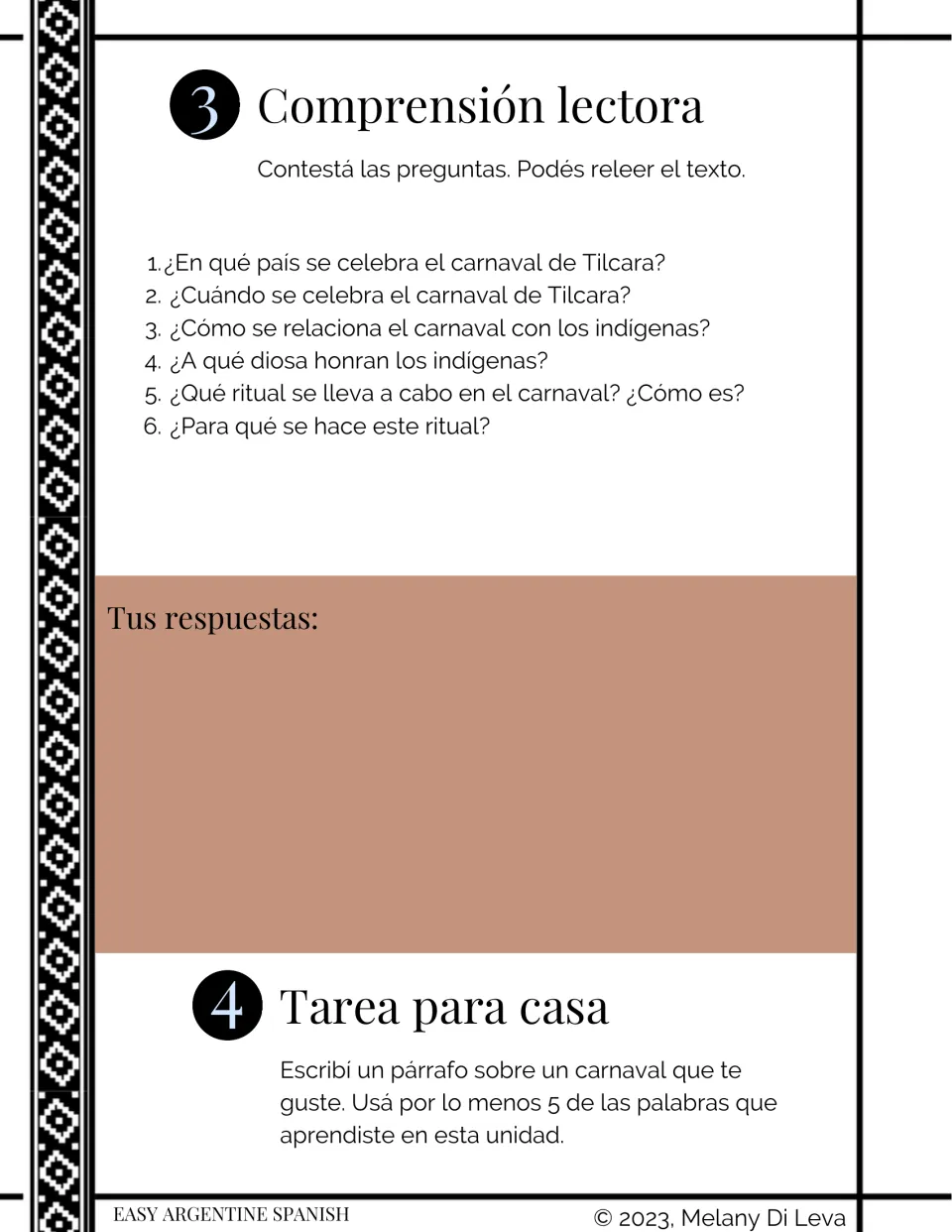 Reading comprehension: six Spanish questions on the Tilcara carnival with an answer space, plus a homework paragraph task