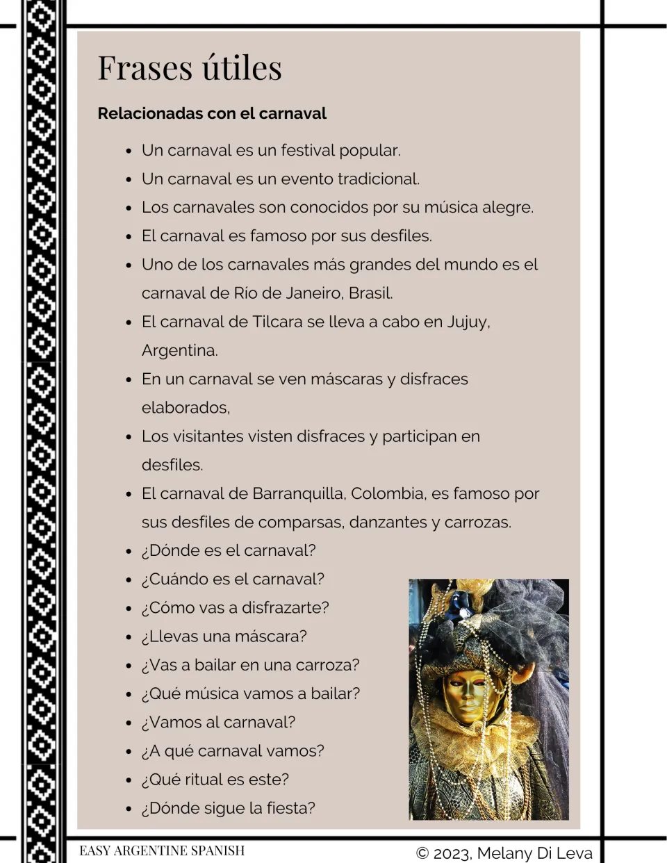 Useful Spanish carnival phrases: facts on Rio, Tilcara and Barranquilla carnivals plus questions like ¿Vamos al carnaval?