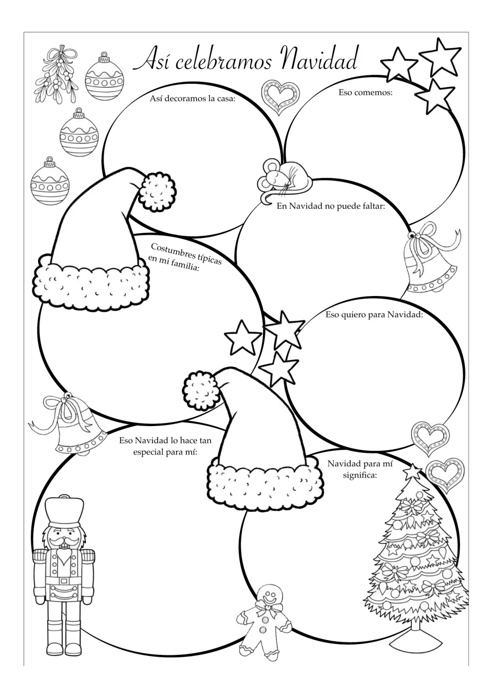 Spanish Christmas worksheet with seven prompts about decorations, food, family traditions, wishes, and more.
