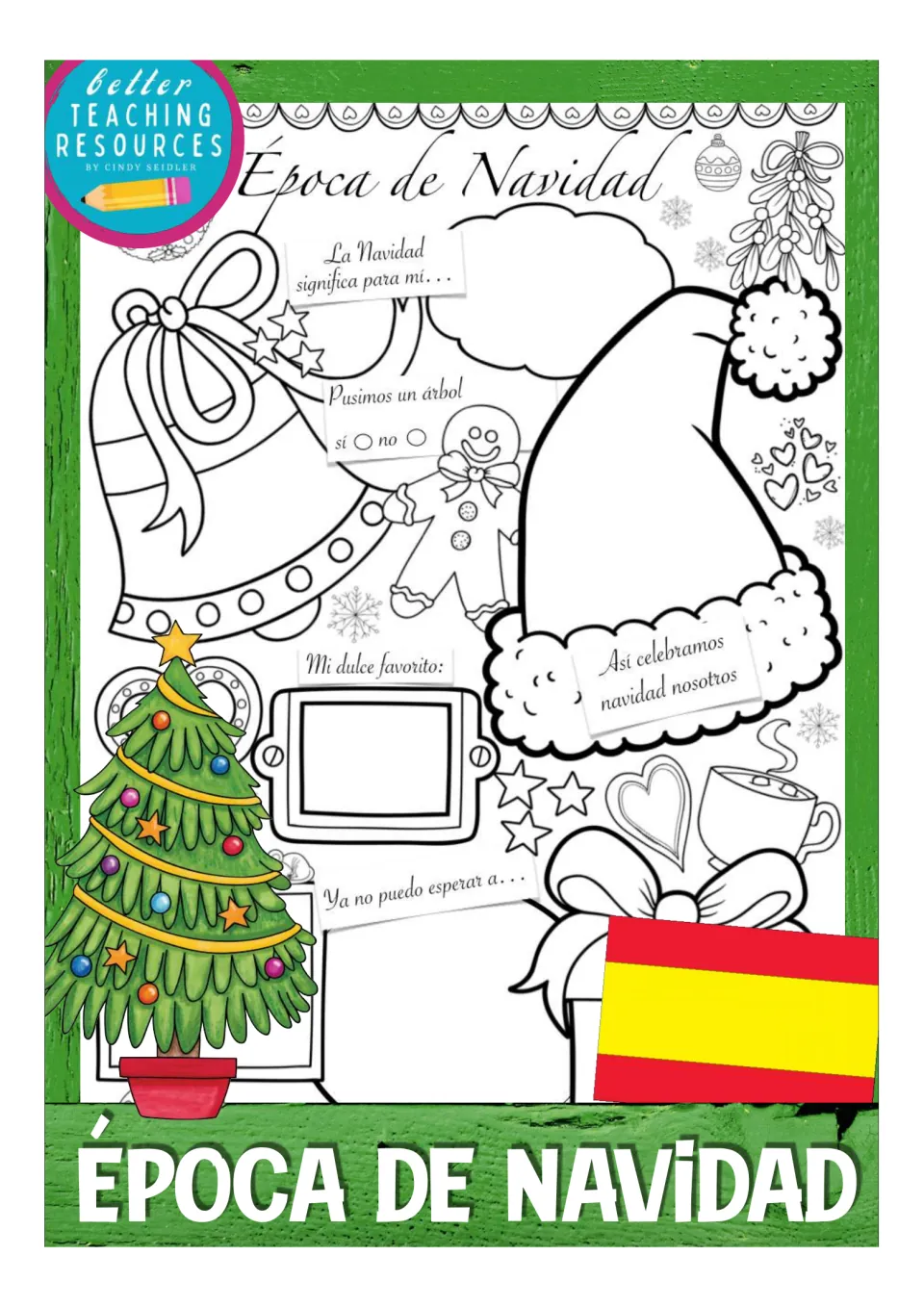 Cover of the Spanish Christmas writing resource, showing a sample of the holiday reflection worksheet.