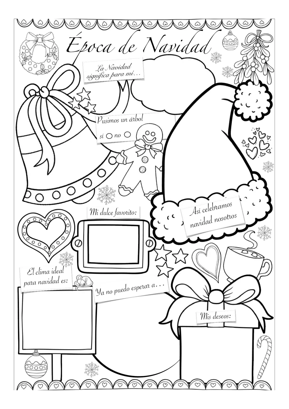 Spanish Christmas reflection worksheet: holiday meaning, tree, favorite treat, celebrations, weather and wishes.