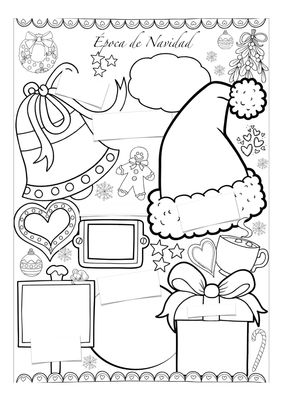 Spanish Christmas writing and drawing template titled “Época de Navidad” (Christmas season), with blank labels.