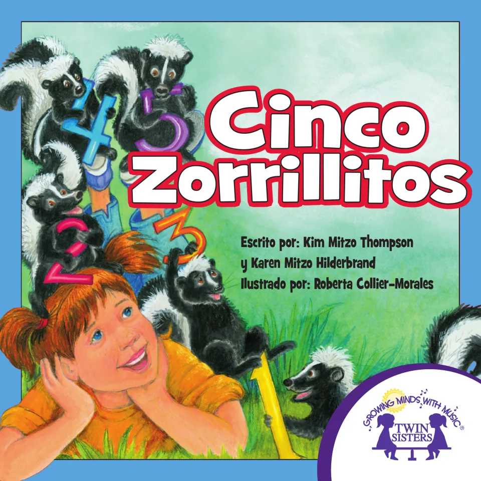 Cinco Zorrillitos eBook cover: five skunks holding the numbers 1 to 5 around a red-haired girl, with author names