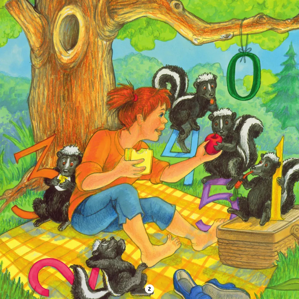 Story page 2 illustration: five skunks with numbers 1 to 5 share a picnic with a girl under a tree