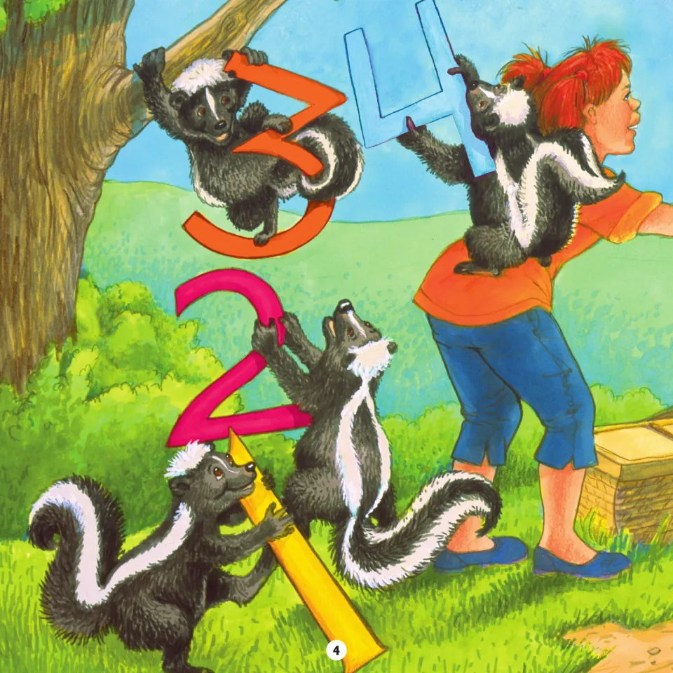 Story page 4 illustration: four skunks climb the numbers 1, 2, 3 and 4 beside the girl at the picnic