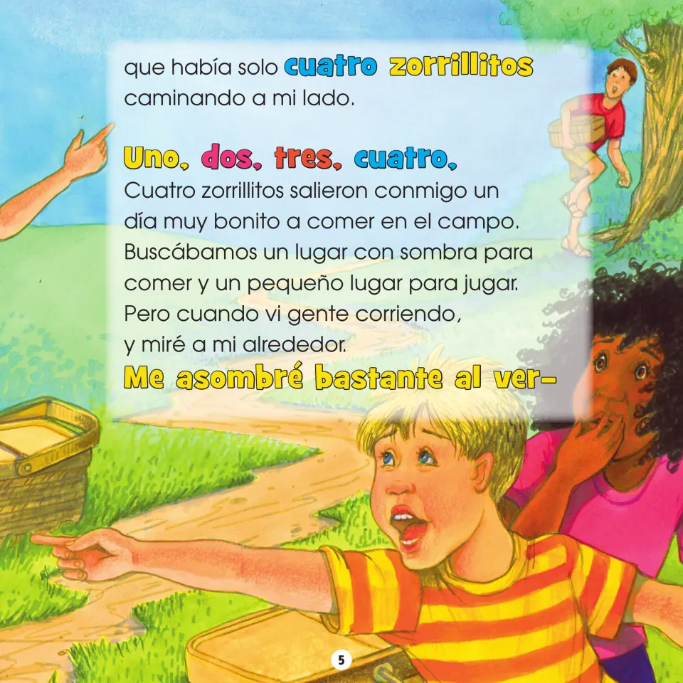 Story page 5 text: 'solo cuatro zorrillitos' (only four little skunks), counting 'Uno, dos, tres, cuatro'