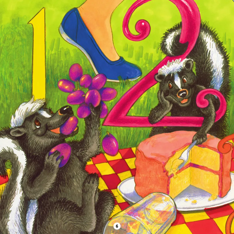 Story page 6 illustration: two skunks with the numbers 1 and 2 eat grapes and cake on a picnic blanket