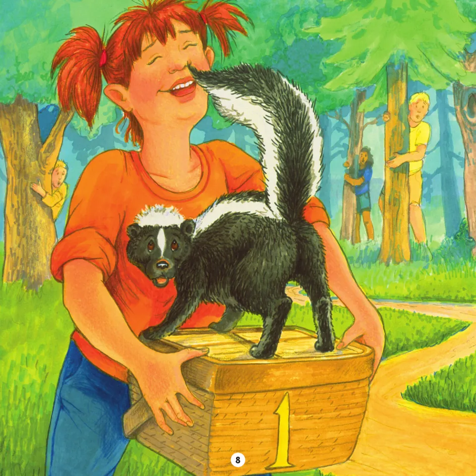 Story page 8 illustration: the girl carries a picnic basket marked 1 with one skunk on top as children hide
