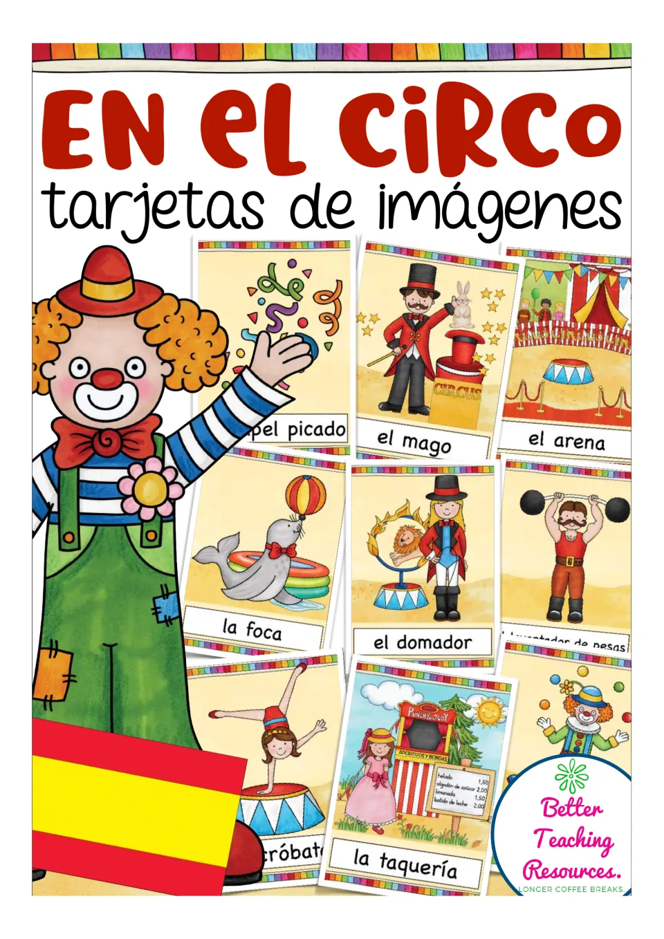 En el circo, tarjetas de imágenes: cover of Spanish circus picture cards showing el mago, el domador, la foca and a clown