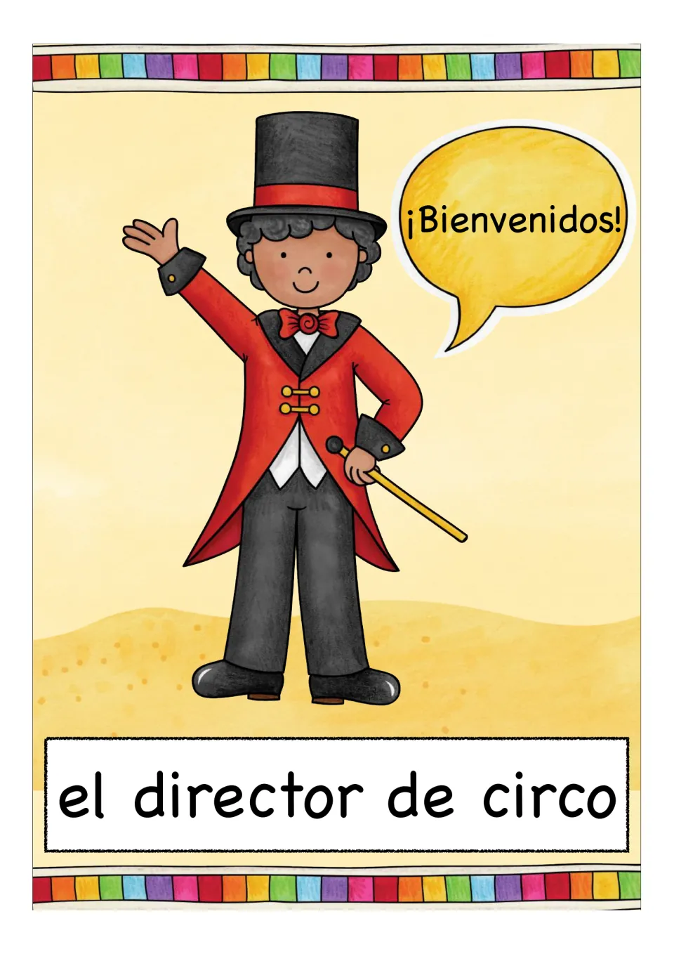 Circus vocabulary card: a ringmaster in top hat and red coat says ¡Bienvenidos!, labeled el director de circo