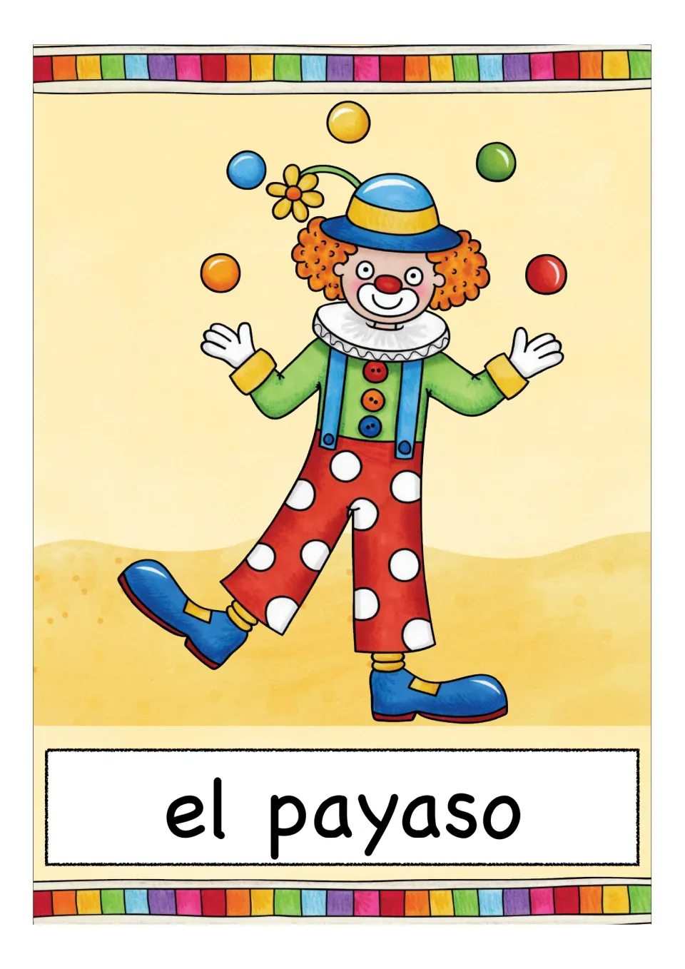 Circus vocabulary card: a clown in polka-dot trousers juggling five colored balls, labeled el payaso in Spanish