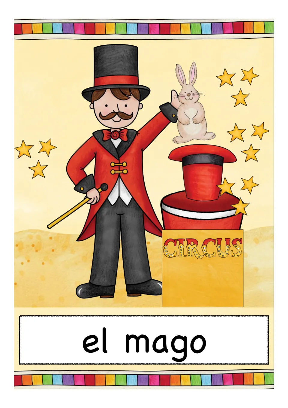 Circus vocabulary card: a magician pulling a rabbit from a red hat among gold stars, labeled el mago in Spanish