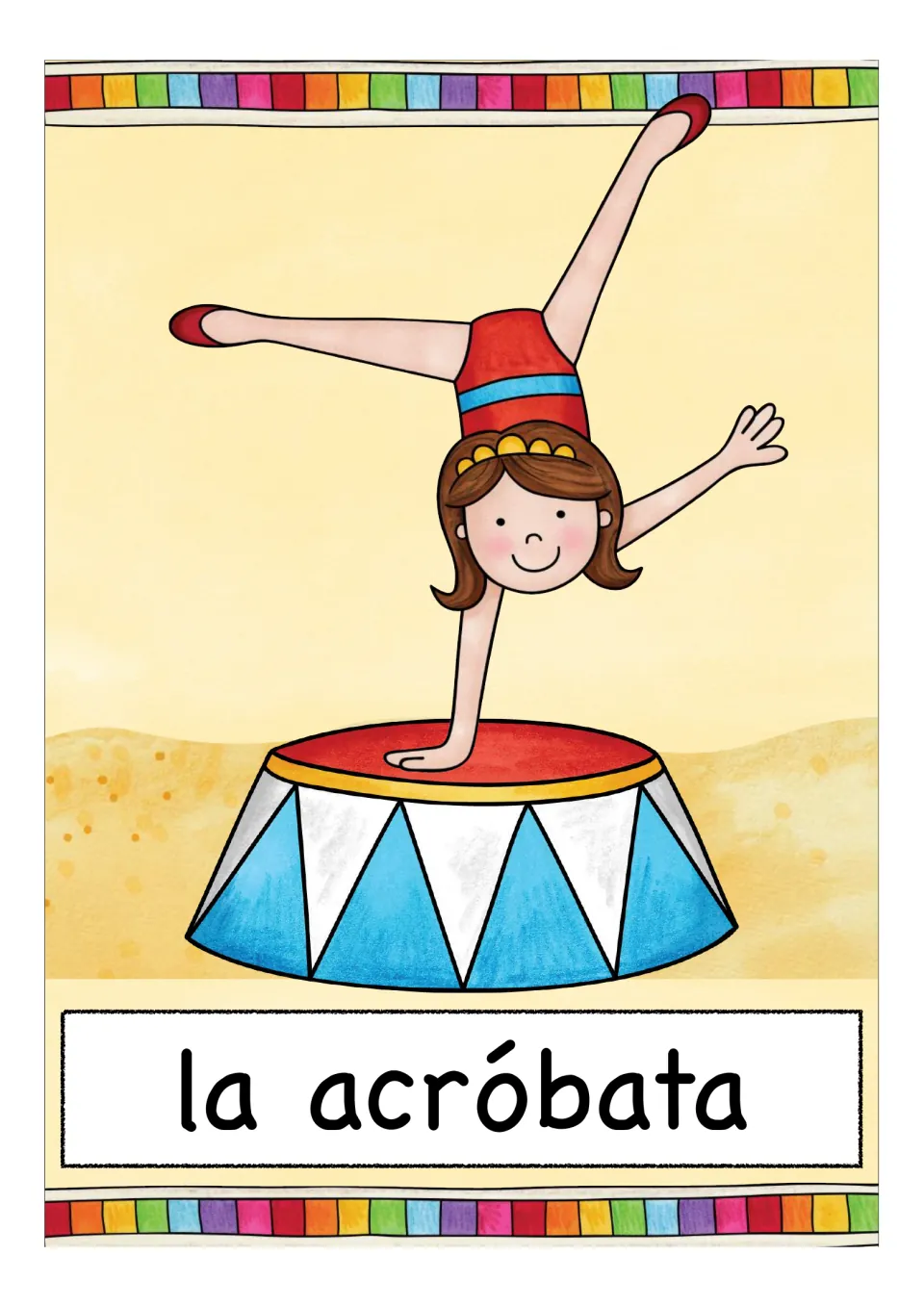 Circus vocabulary card: a girl doing a one-handed handstand on a blue and white pedestal, labeled la acróbata