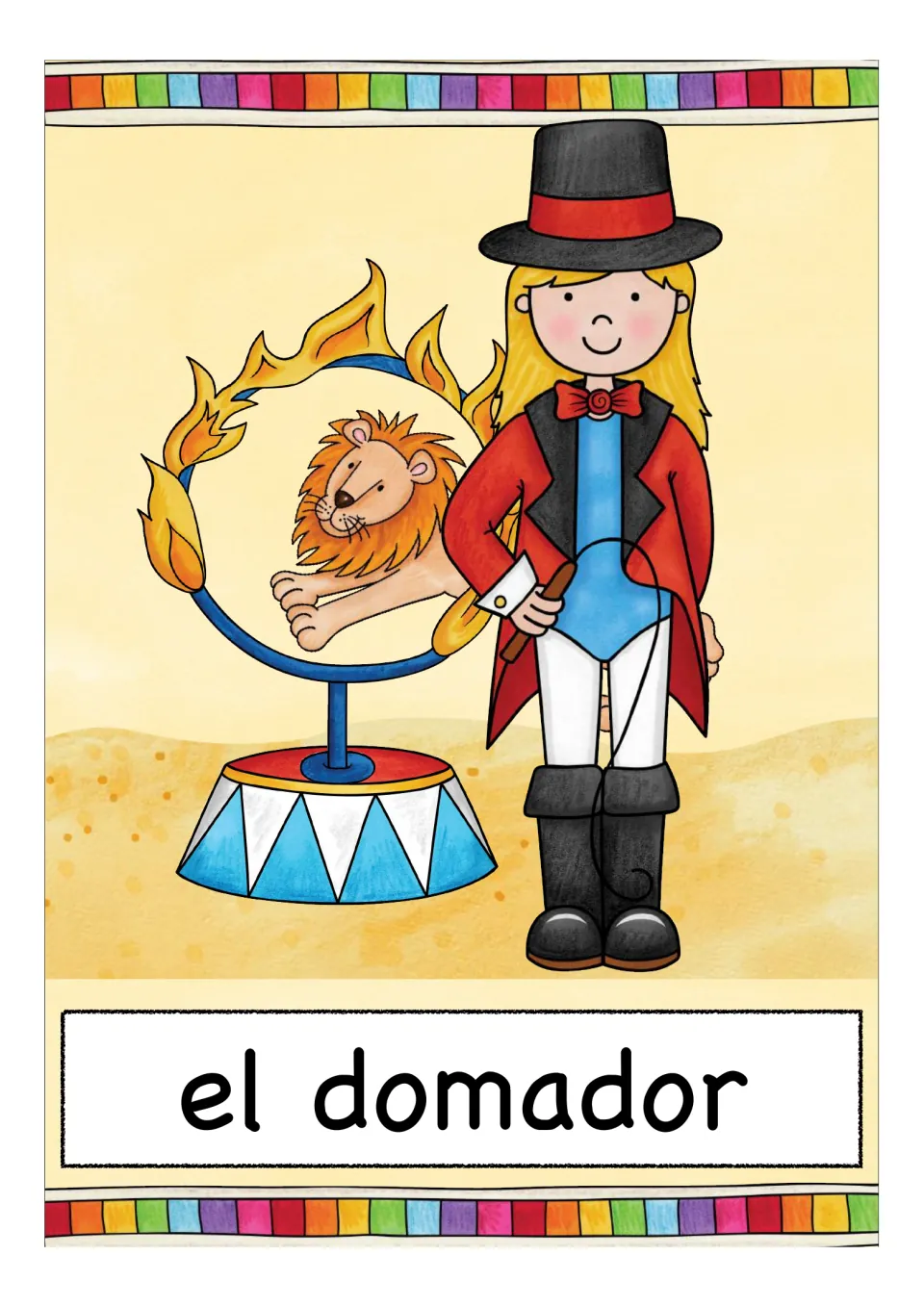 Circus vocabulary card: a tamer in top hat and red coat beside a lion leaping through a fiery hoop, labeled el domador