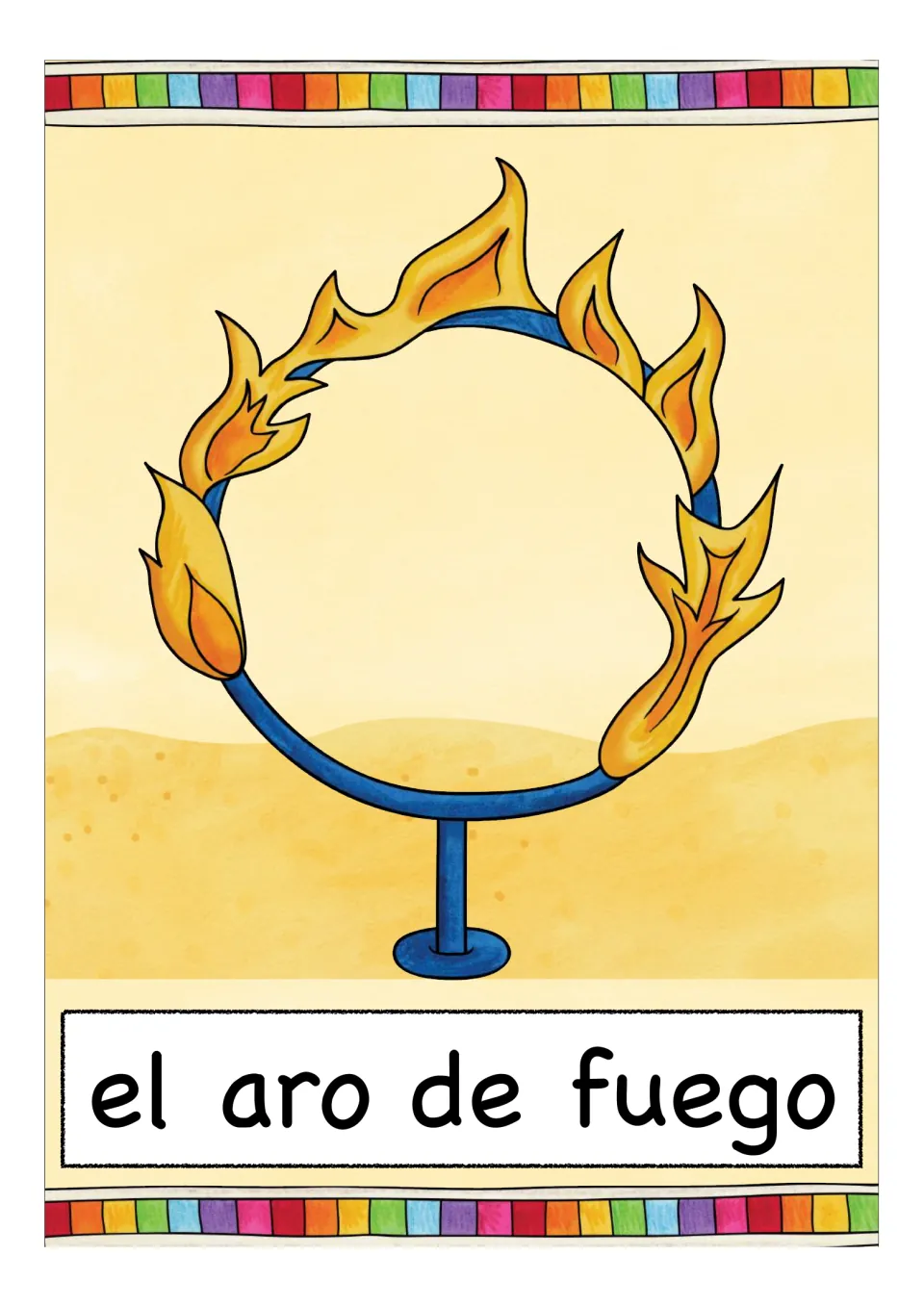 Circus vocabulary card: a blue hoop on a stand ringed with orange flames, labeled el aro de fuego in Spanish