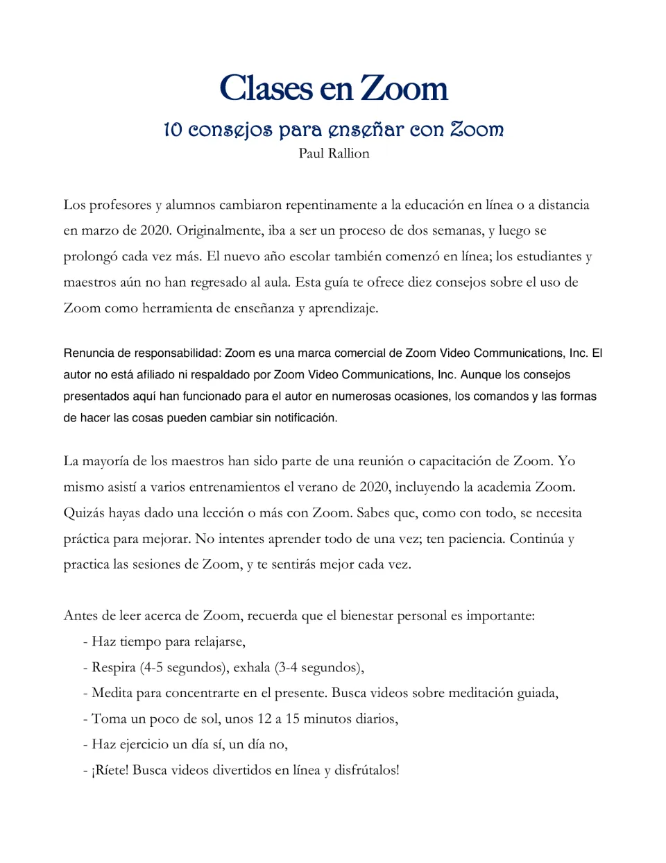 Spanish Zoom guide introduction explains the shift to distance learning and lists personal wellness reminders