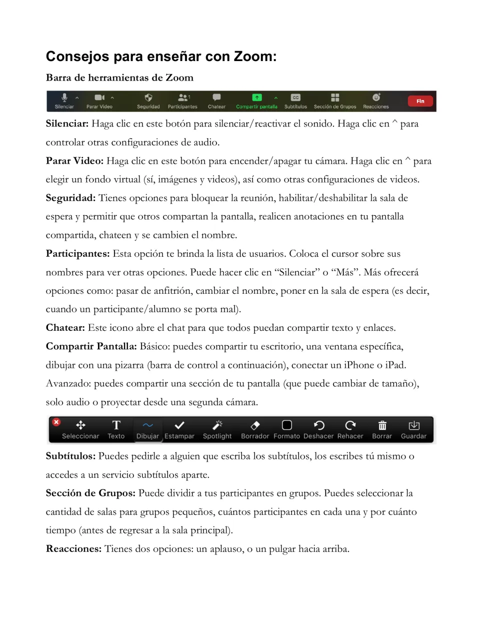 Spanish Zoom toolbar reference explains mute, video, security, participants, chat, sharing, and group rooms