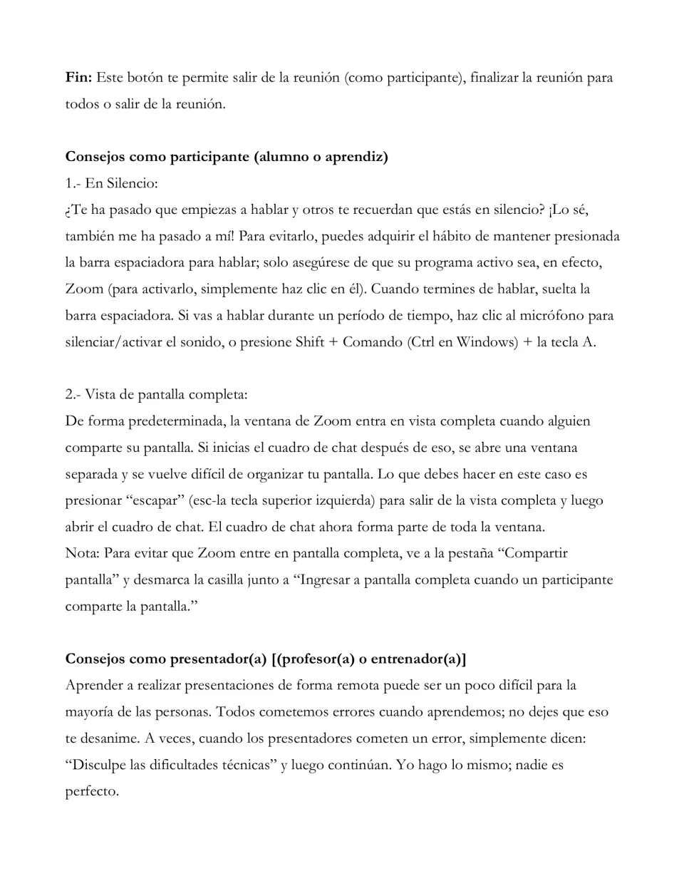Spanish Zoom guide tips 1–2 explain unmuting and full-screen view, followed by an introduction for presenters