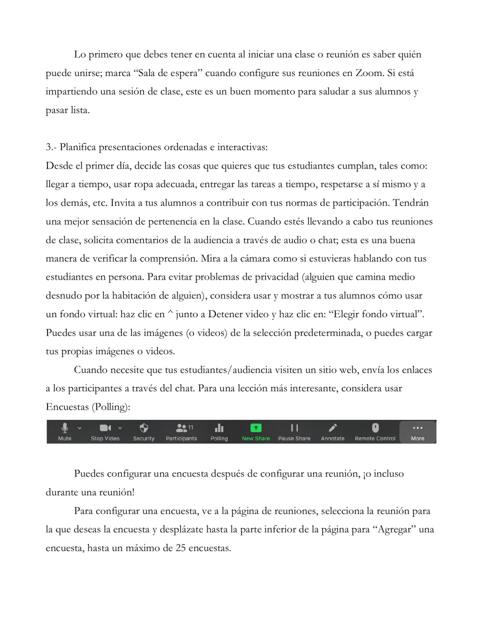 Spanish Zoom guide tip 3 covers class expectations, student feedback, virtual backgrounds, links, and polls