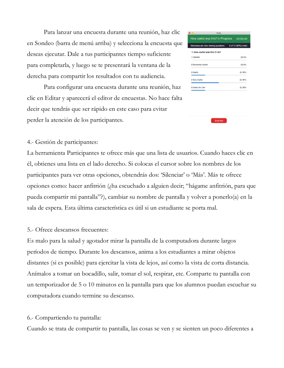Spanish Zoom guide continues polling instructions, covers tips 4–5 on participants and breaks, and starts tip 6