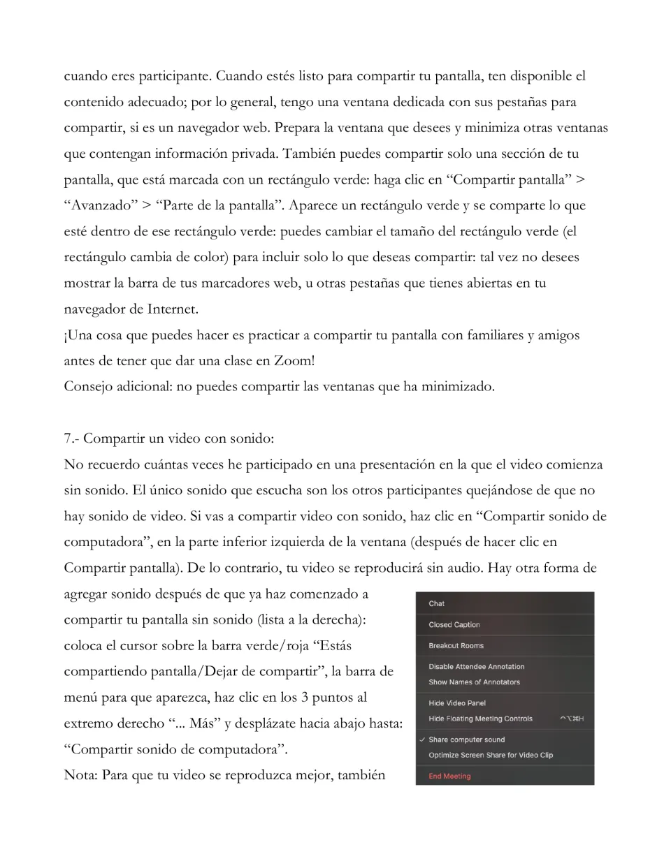 Spanish Zoom guide continues tip 6 on sharing selected screen content and starts tip 7 on sharing video audio