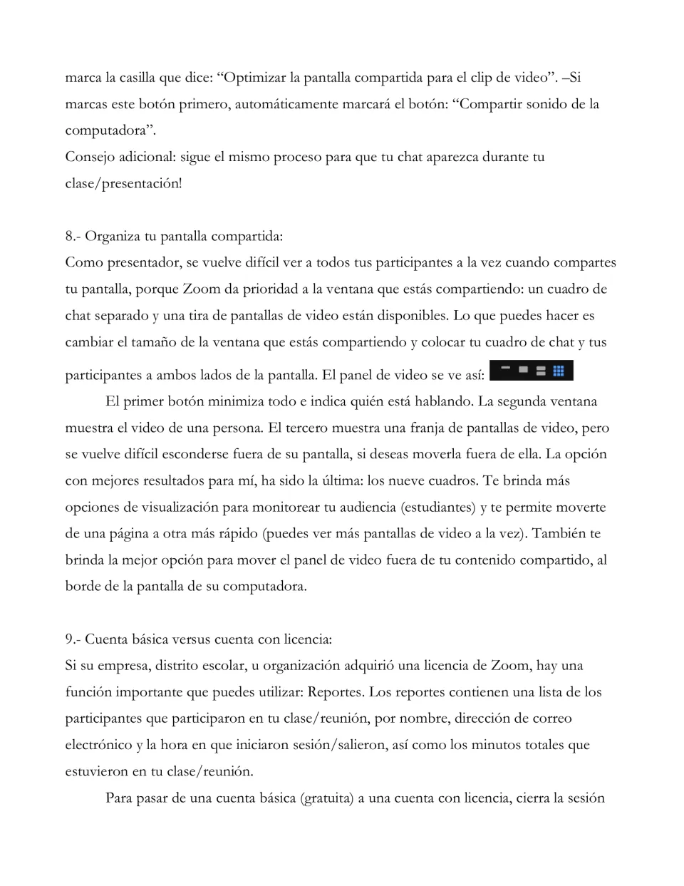 Spanish Zoom guide finishes video advice, gives tip 8 on screen organization, and starts tip 9 on licensed accounts