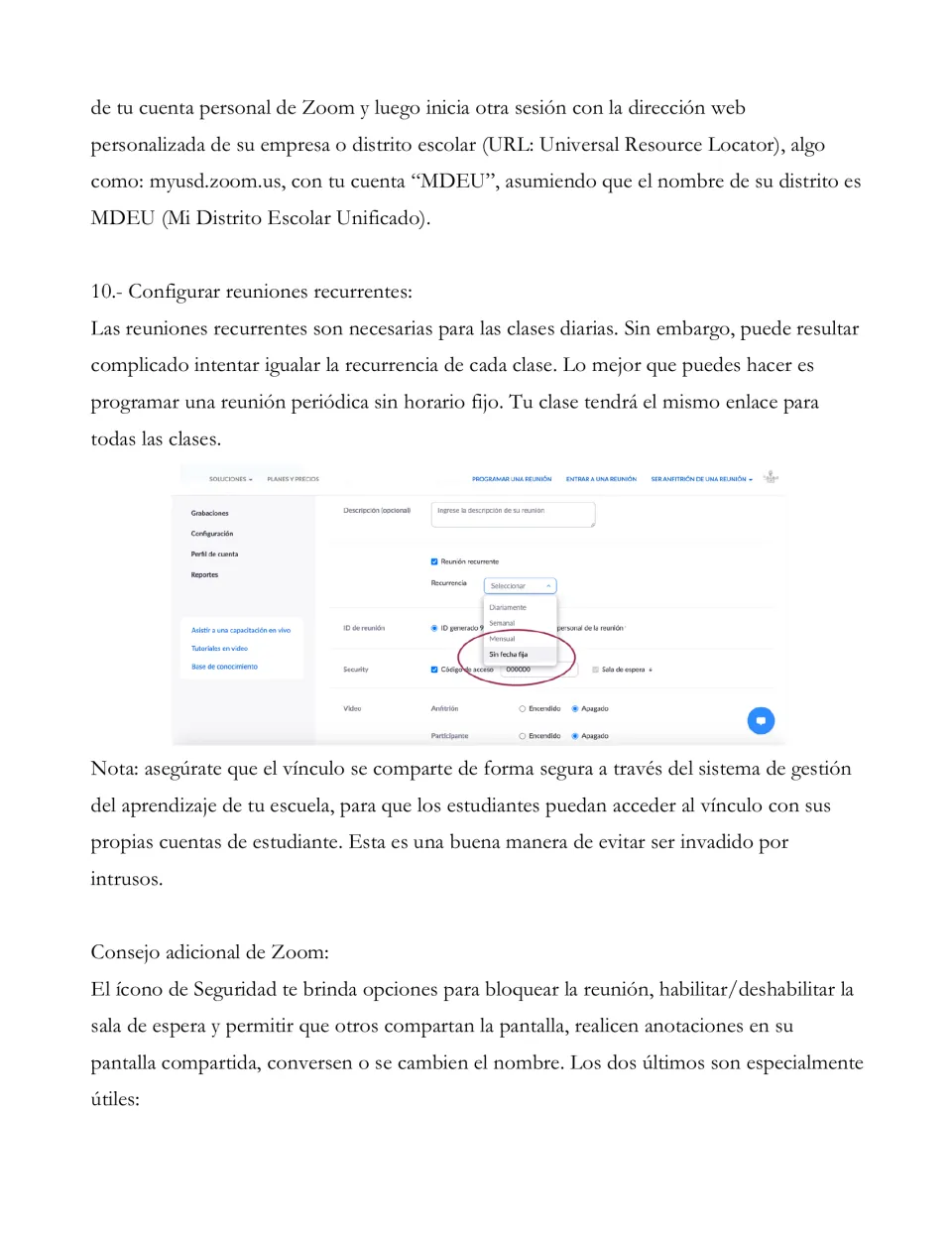 Spanish Zoom guide finishes account advice, gives tip 10 on recurring meetings, and introduces security controls