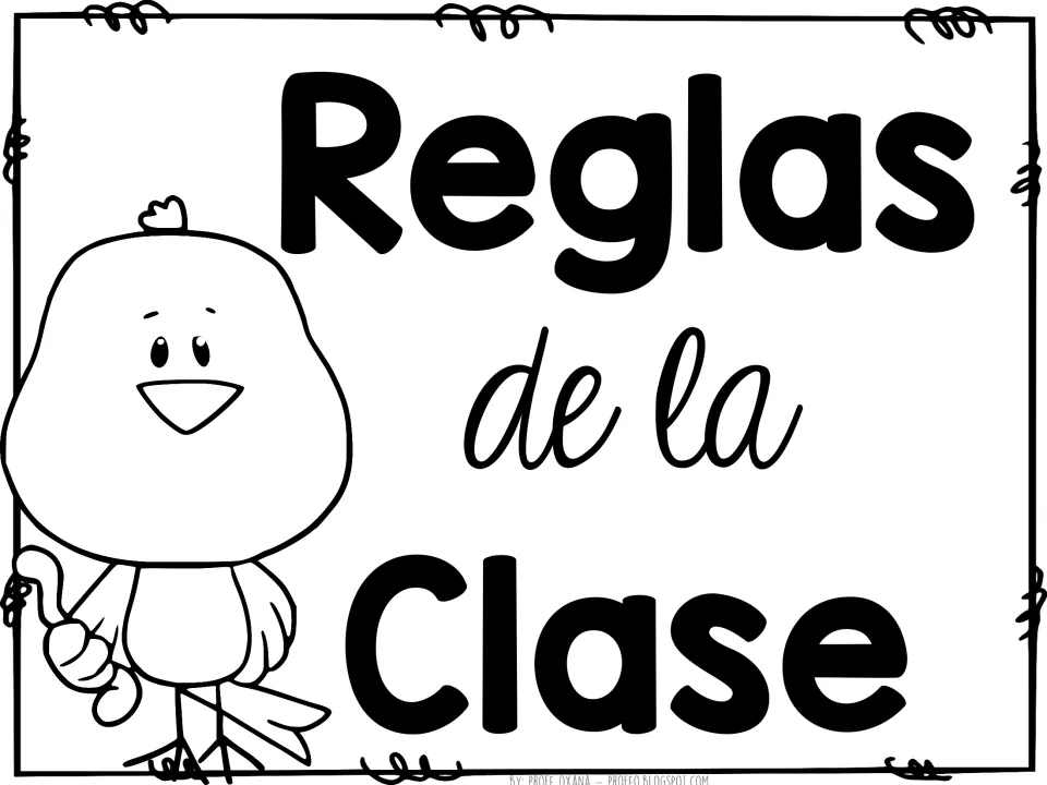 Reglas de la Clase title poster in black and white, a smiling cartoon bird giving a thumbs-up beside the large heading